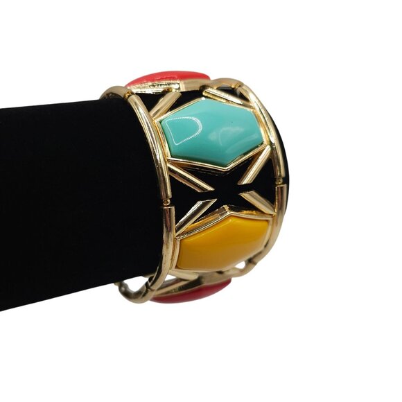 Women's Gold Toned Red/Yellow/Aquamarine Hexagon Shaped Gem Bangle Bracelet  OS - Picture 1 of 13
